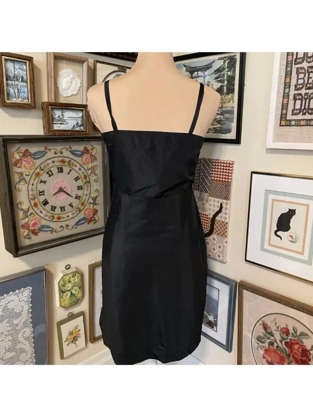 50s Vintage Opaque Black Nylon Slip Dress w/ Adjustable Straps & Side Zipper S - Picture 5 of 5